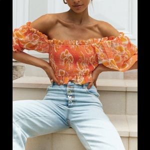 Orange print crop off the shoulder top
